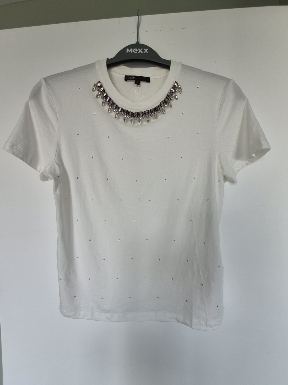 Maje White Short-Sleeve Tee with Crystal Necklace Detail
